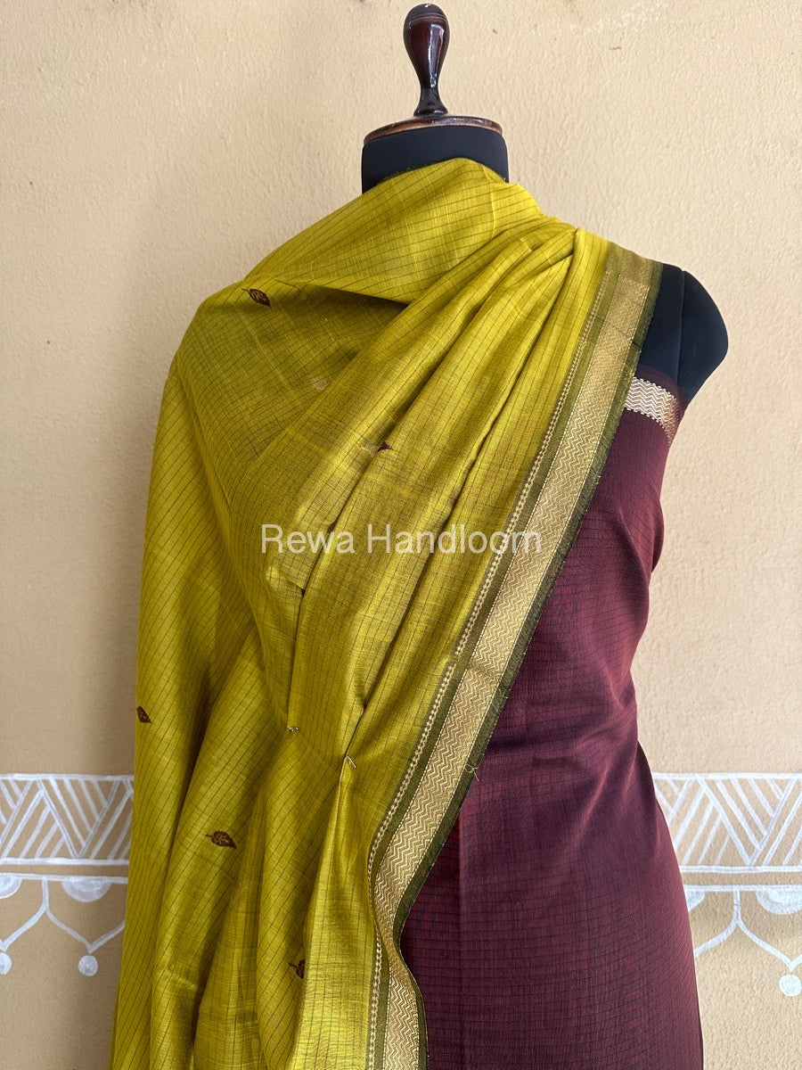 Maheshwari Brown-Green Peacock Buta-Buti Top-Dupatta Set BTP0205