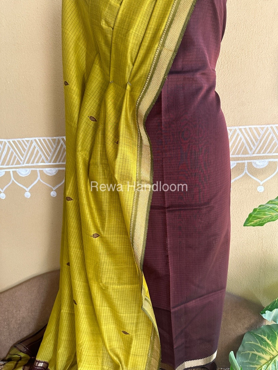 Maheshwari Brown-Green Peacock Buta-Buti Top-Dupatta Set BTP0205