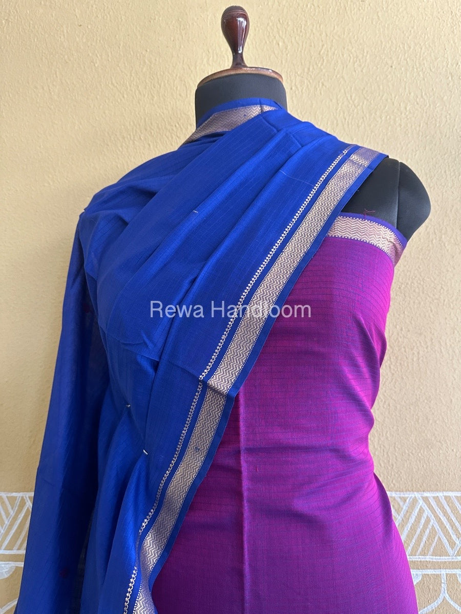 Maheshwari Magenta-Navy Blue Peacock Buta-Buti Top-Dupatta Set BTP0247