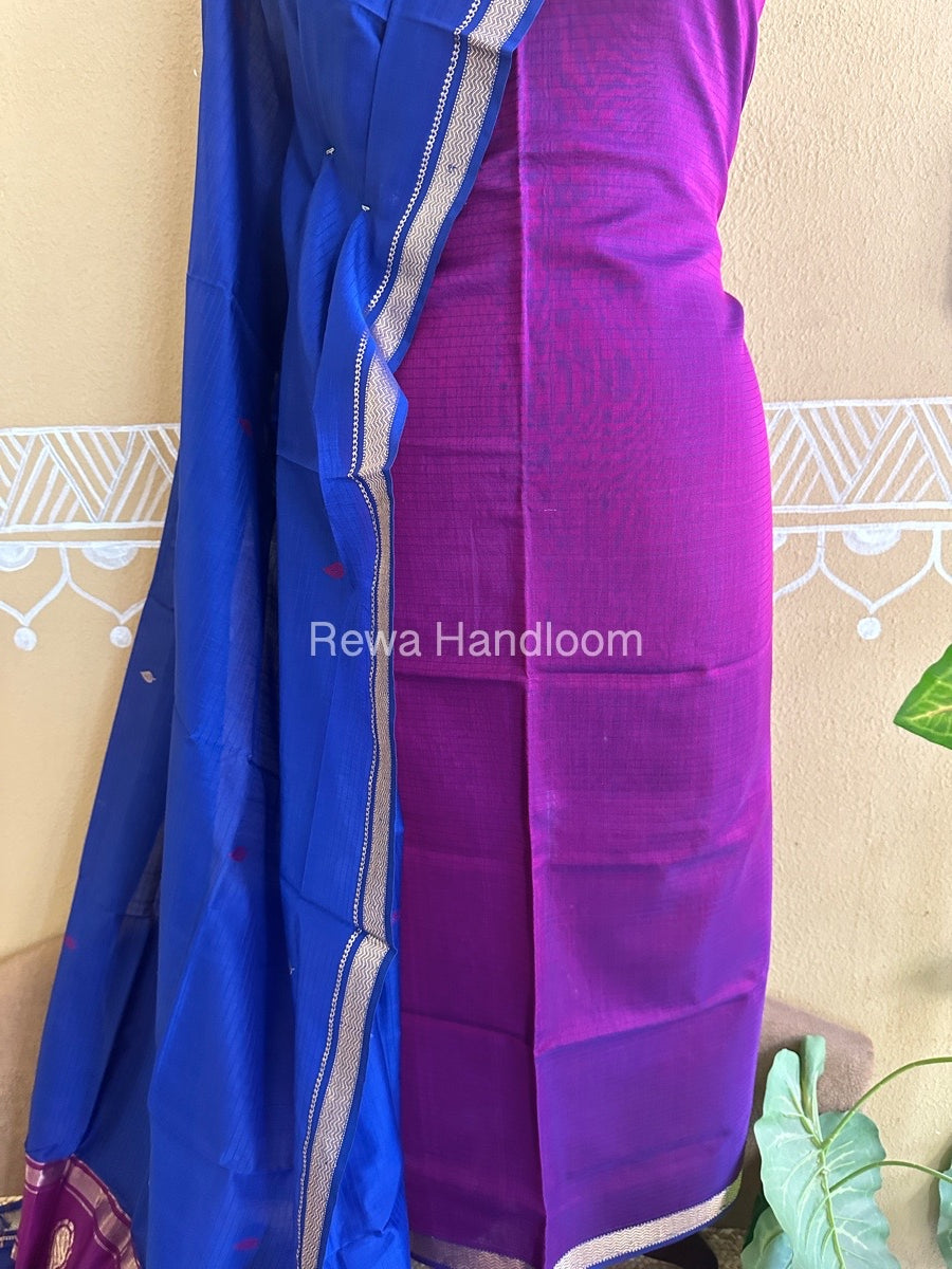 Maheshwari Magenta-Navy Blue Peacock Buta-Buti Top-Dupatta Set BTP0247