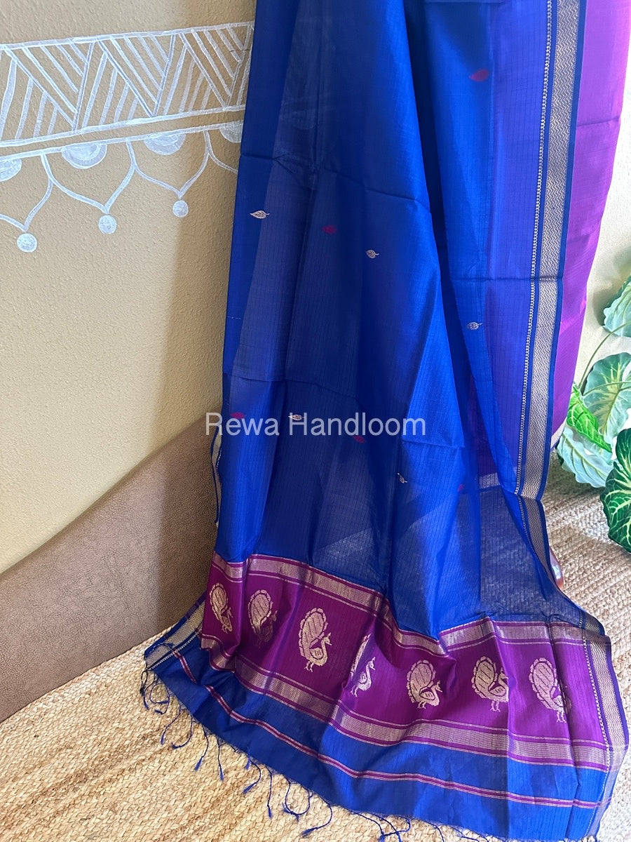 Maheshwari Magenta-Navy Blue Peacock Buta-Buti Top-Dupatta Set BTP0247