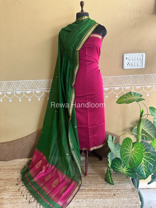 Maheshwari Rani Pink-Mehendi Green Peacock Buta-Buti Top-Dupatta Set BTP0244
