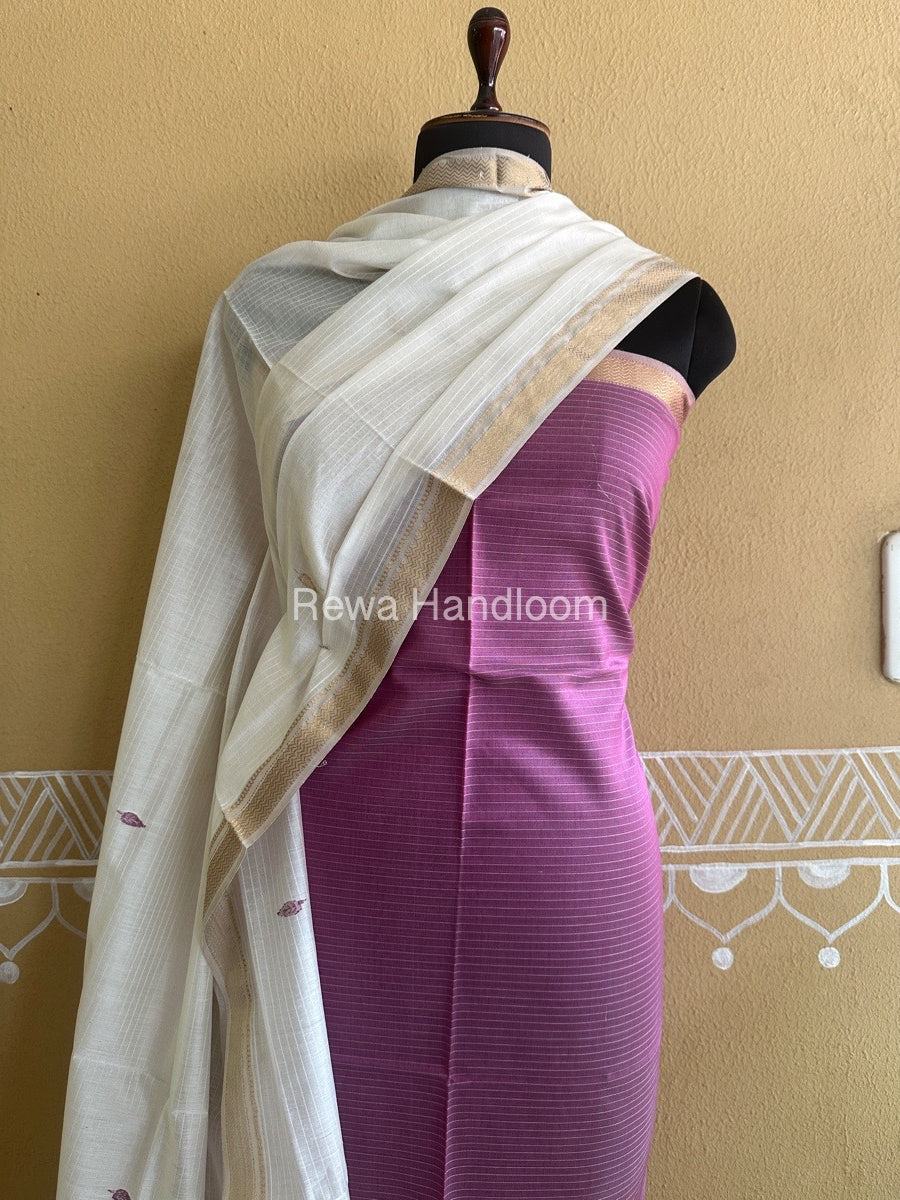 Maheshwari Onion Pink-White Peacock Buta-Buti Top-Dupatta Set BTP0234