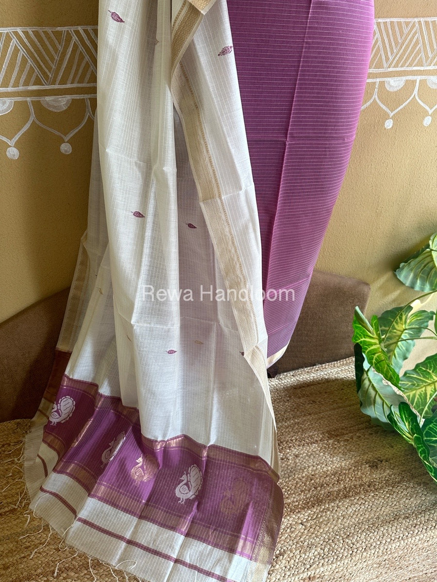 Maheshwari Onion Pink-White Peacock Buta-Buti Top-Dupatta Set BTP0234