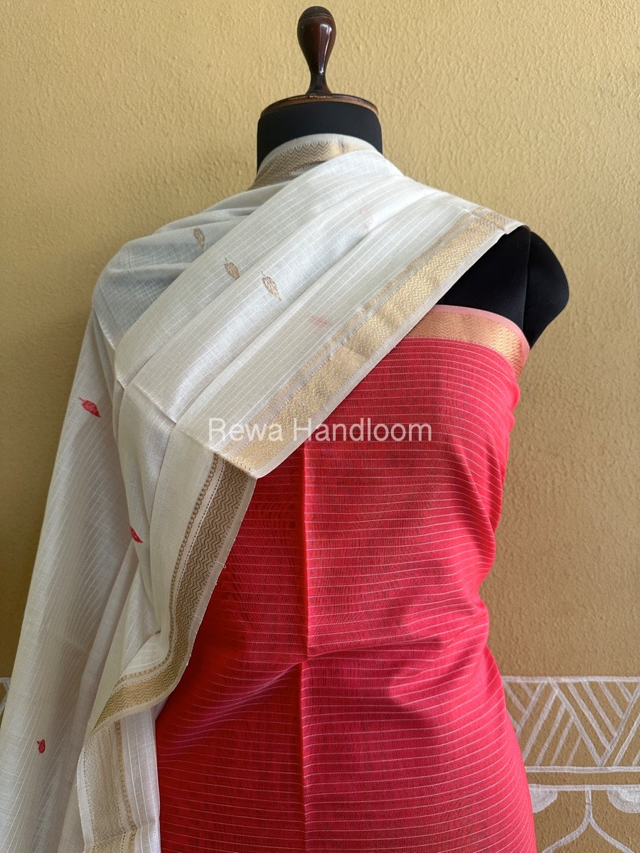 Maheshwari Fuchsia Red-White Peacock Buta-Buti Top-Dupatta Set-BTP011