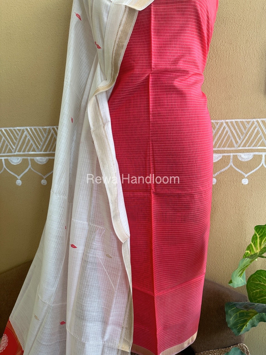 Maheshwari Fuchsia Red-White Peacock Buta-Buti Top-Dupatta Set-BTP011