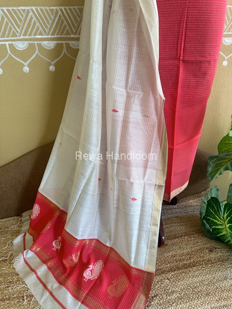 Maheshwari Fuchsia Red-White Peacock Buta-Buti Top-Dupatta Set-BTP011