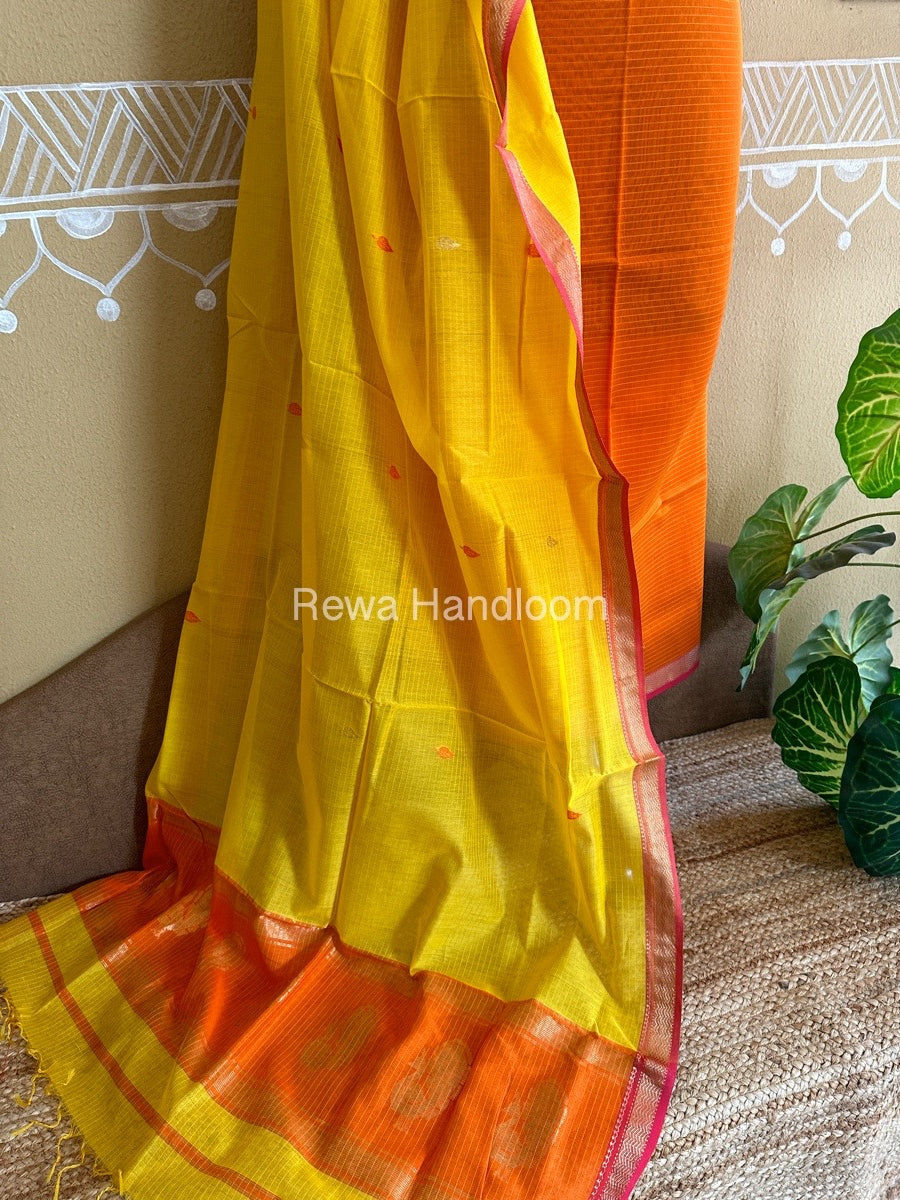 Maheshwari Orange-Turmeric Yellow Peacock Buta-Buti Top-Dupatta Set BTP0258