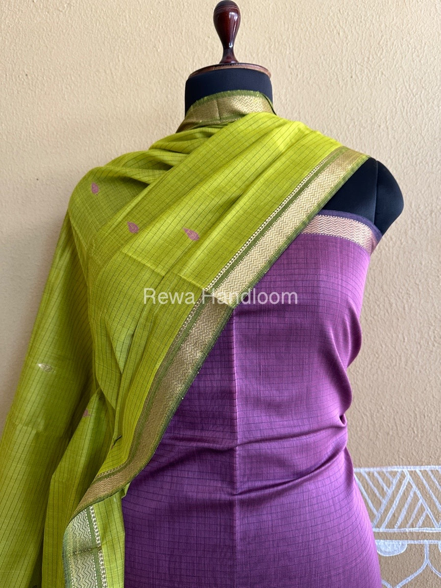 Maheshwari Onion Pink-Yellow Peacock Buta-Buti Top-Dupatta Set BTP0201