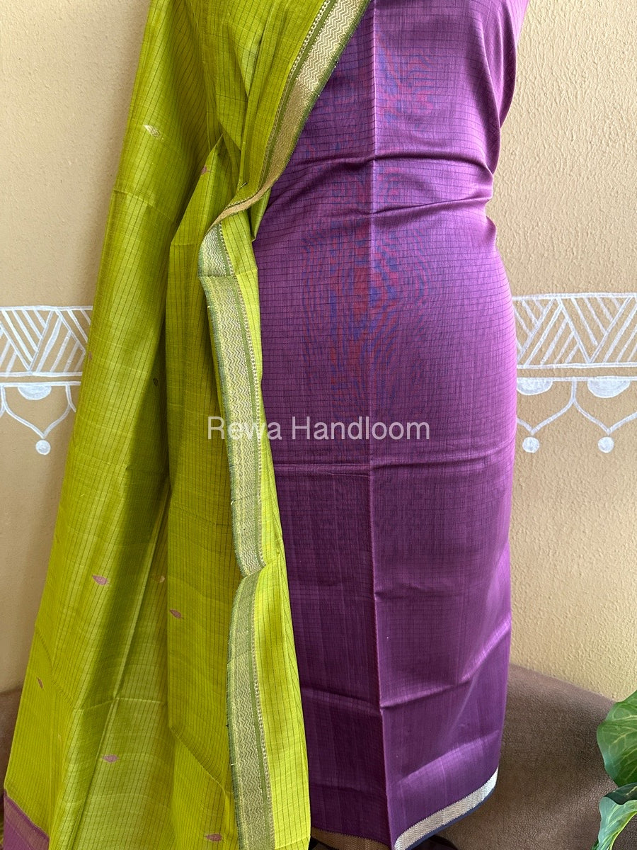 Maheshwari Onion Pink-Yellow Peacock Buta-Buti Top-Dupatta Set BTP0201