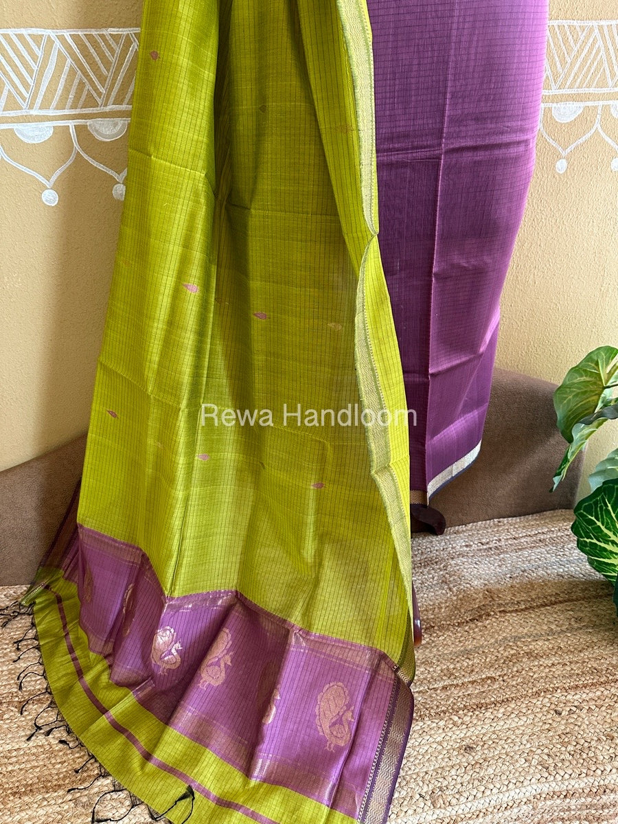Maheshwari Onion Pink-Yellow Peacock Buta-Buti Top-Dupatta Set BTP0201
