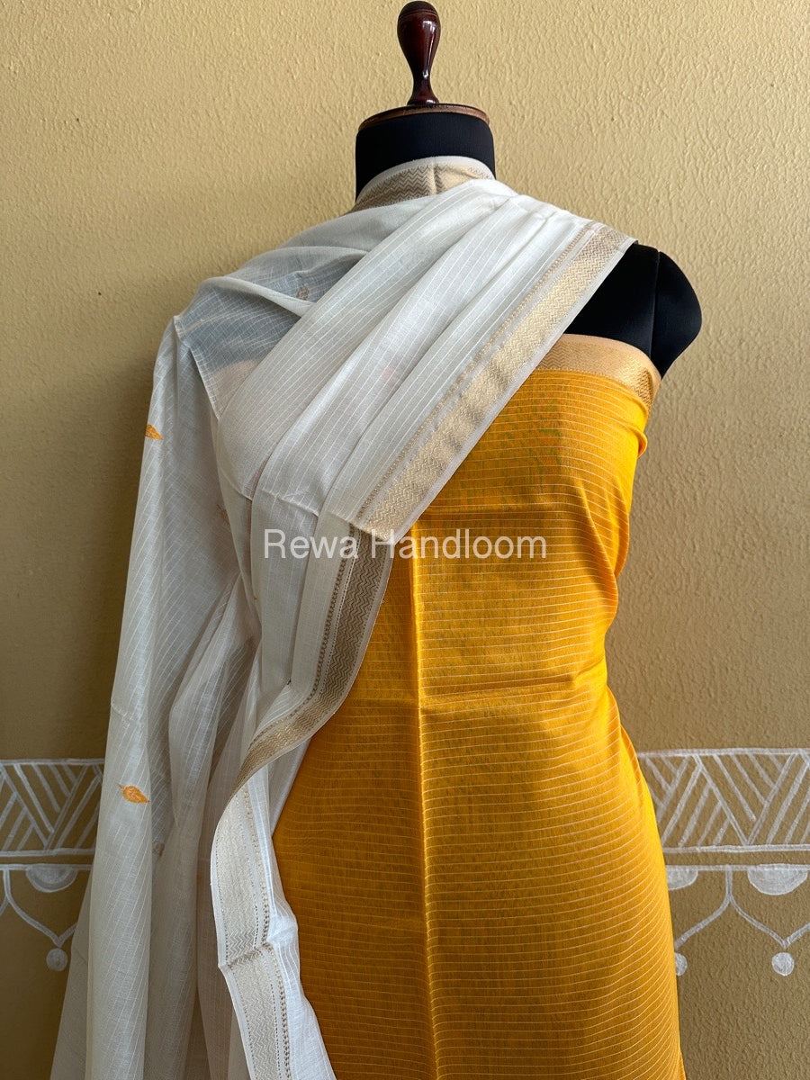 Maheshwari Dark Yellow-White Peacock Buta-Buti Top-Dupatta Set BTP0206