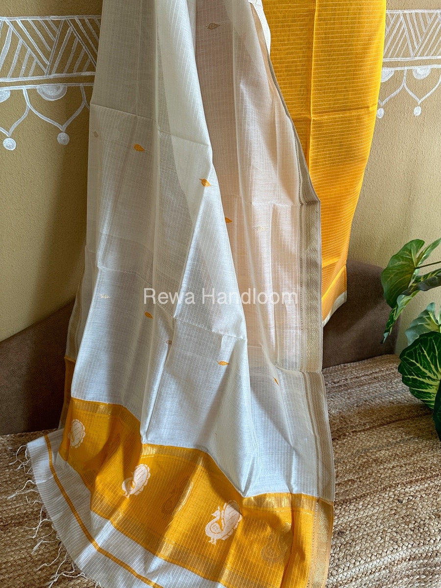 Maheshwari Dark Yellow-White Peacock Buta-Buti Top-Dupatta Set BTP0206