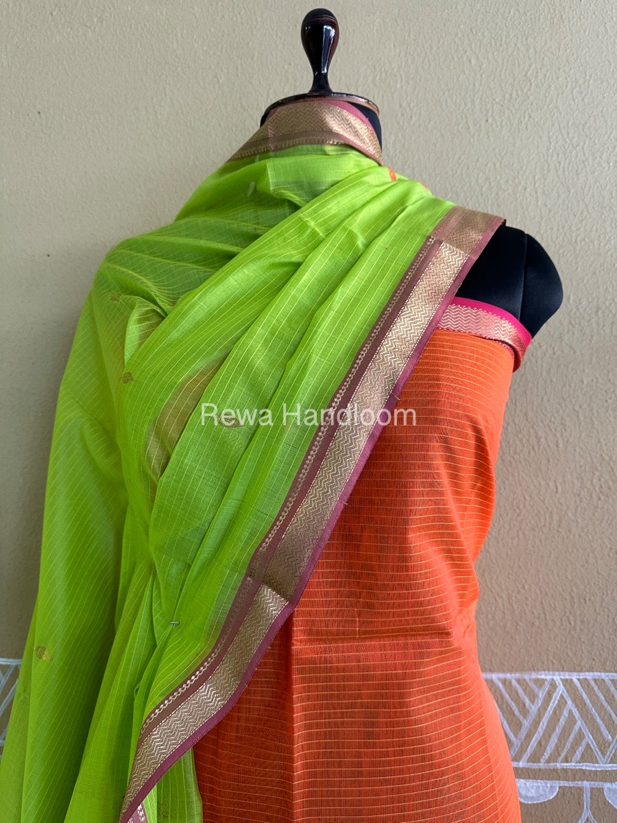 Maheshwari Orange-Parrot Green Peacock Buta-Buti Top-Dupatta Set BTP0238