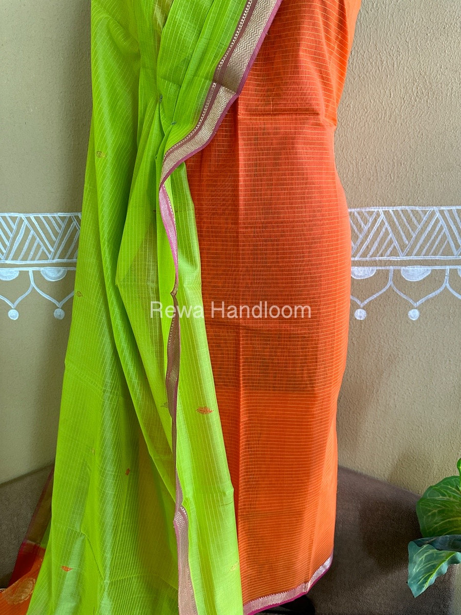 Maheshwari Orange-Parrot Green Peacock Buta-Buti Top-Dupatta Set BTP0238