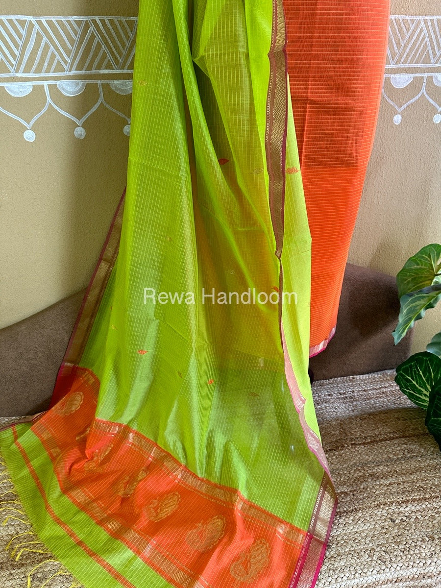 Maheshwari Orange-Parrot Green Peacock Buta-Buti Top-Dupatta Set BTP0238