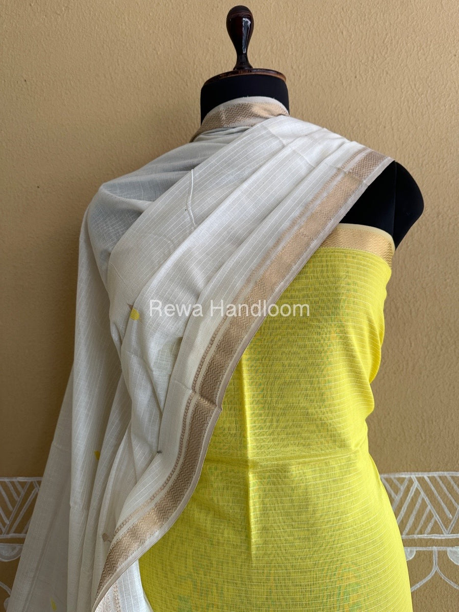 Maheshwari Lemon Yellow-Off White Peacock Buta-Buti Top-Dupatta Set BTP0223