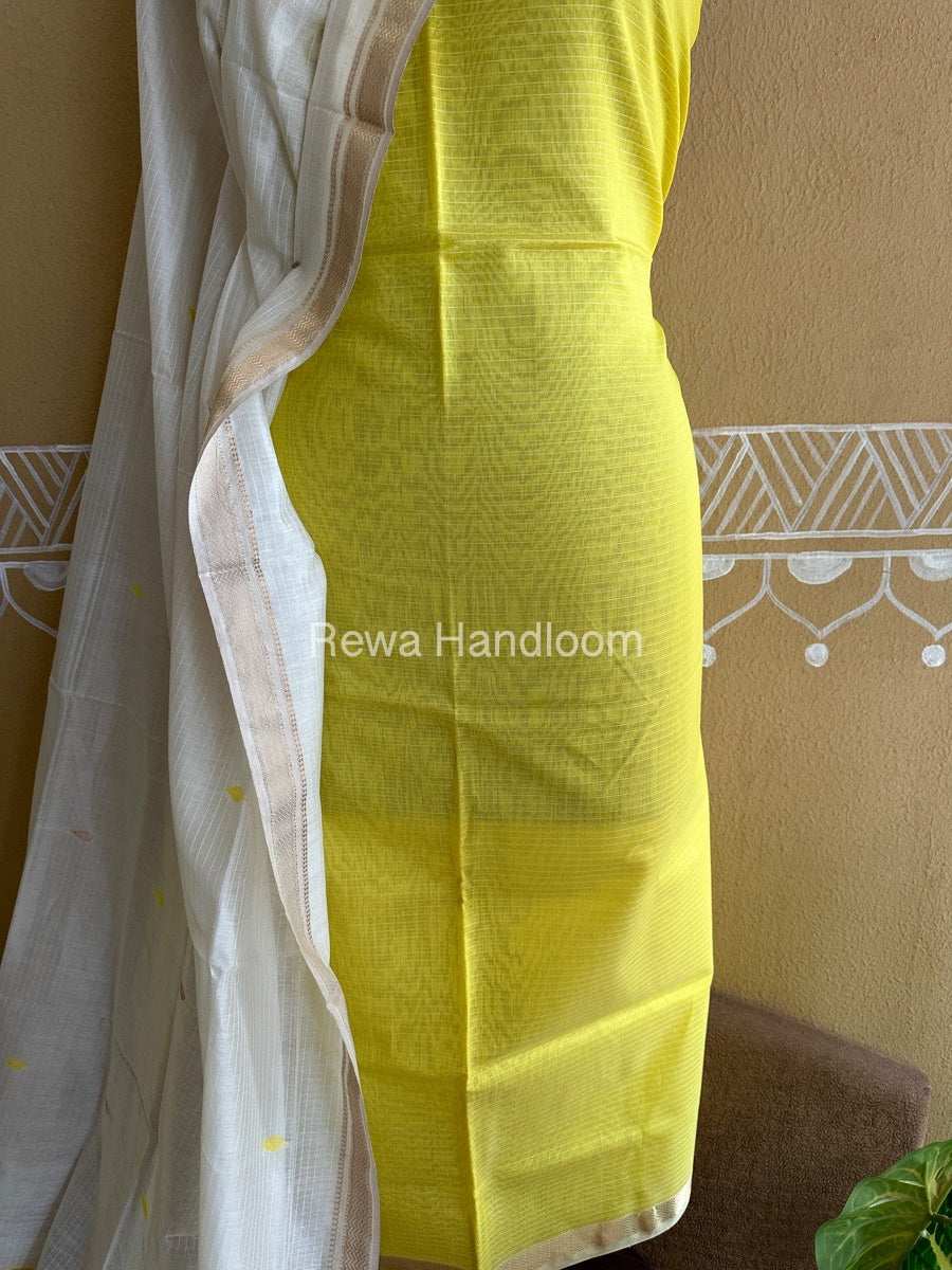 Maheshwari Lemon Yellow-Off White Peacock Buta-Buti Top-Dupatta Set BTP0223