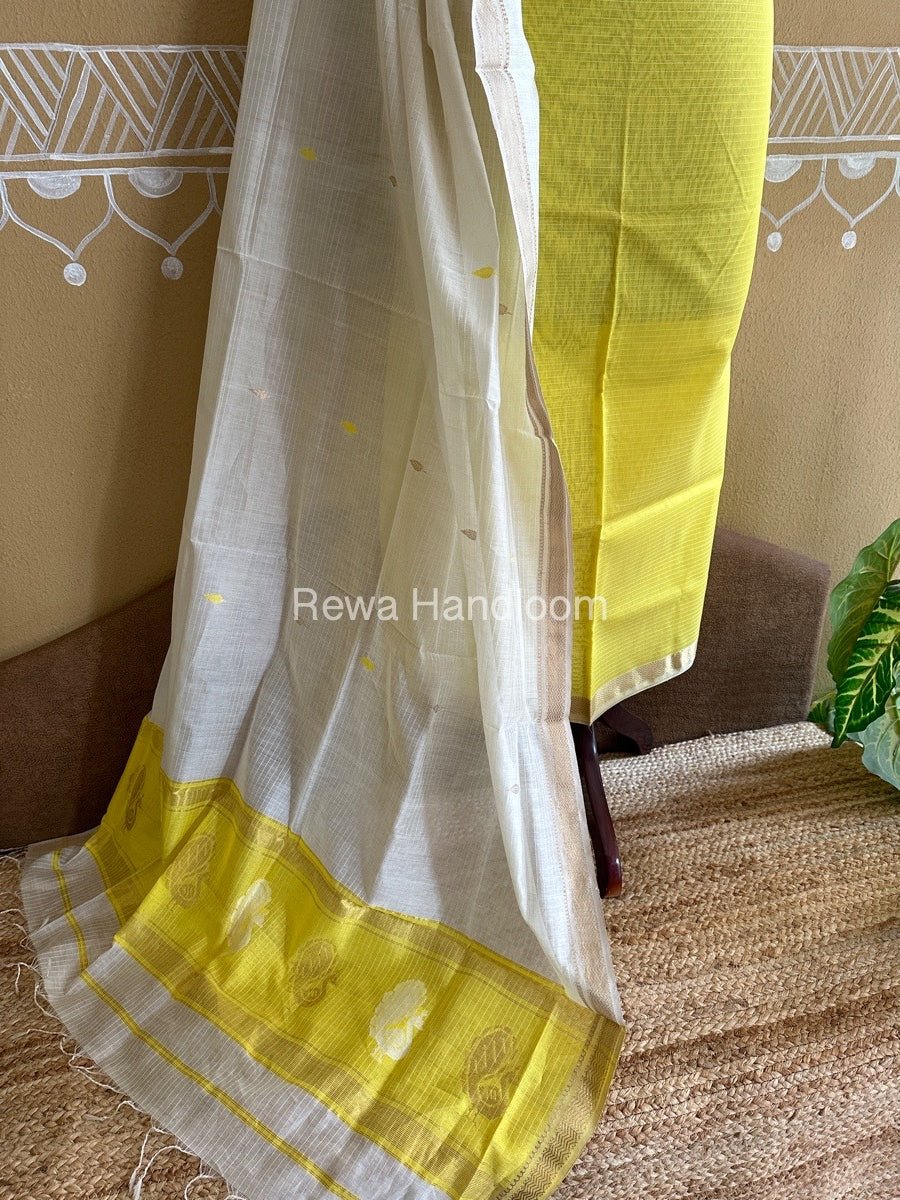 Maheshwari Lemon Yellow-Off White Peacock Buta-Buti Top-Dupatta Set BTP0223