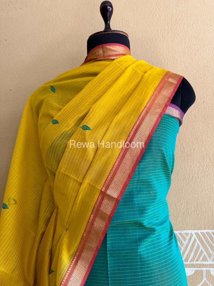 Maheshwari Green-Mustard Yellow Peacock Buta-Buti Top-Dupatta Set BTP0242