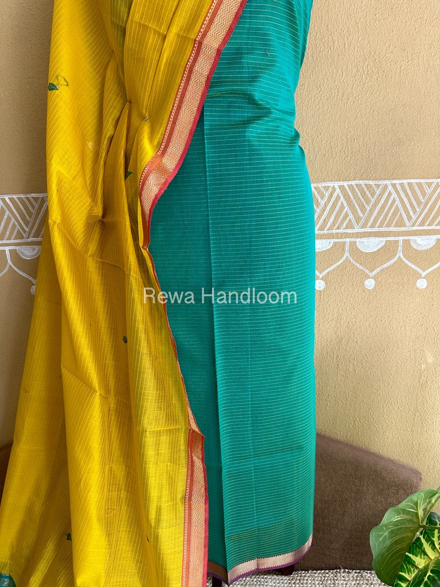 Maheshwari Green-Mustard Yellow Peacock Buta-Buti Top-Dupatta Set BTP0242