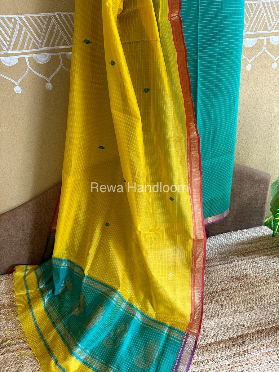 Maheshwari Green-Mustard Yellow Peacock Buta-Buti Top-Dupatta Set BTP0242