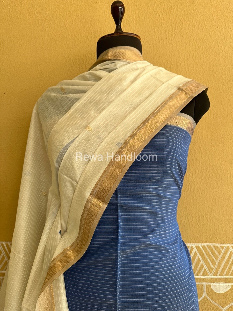 Maheshwari Blue-White Peacock Buta-Buti Top-Dupatta Set-BTP02