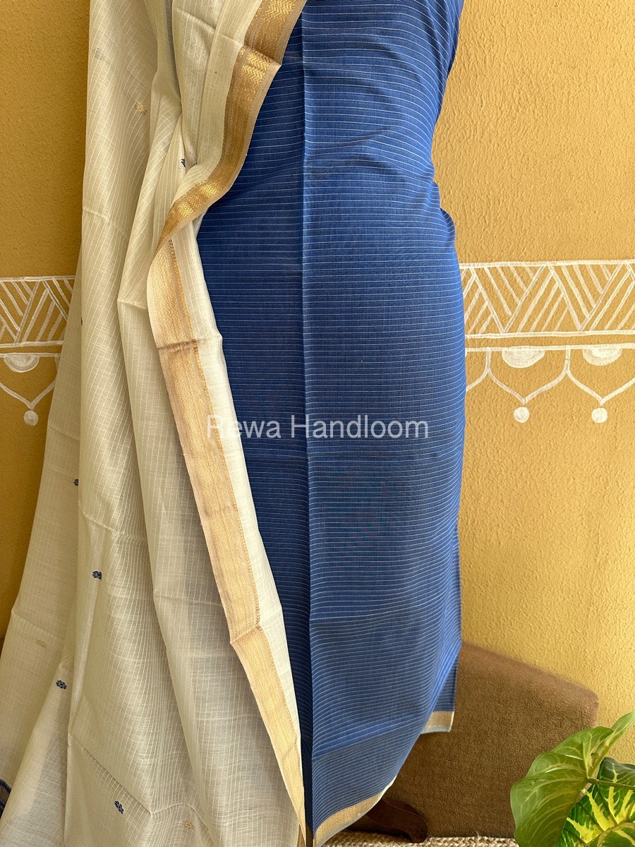 Maheshwari Blue-White Peacock Buta-Buti Top-Dupatta Set-BTP02
