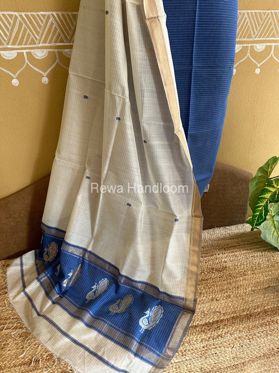 Maheshwari Blue-White Peacock Buta-Buti Top-Dupatta Set-BTP02