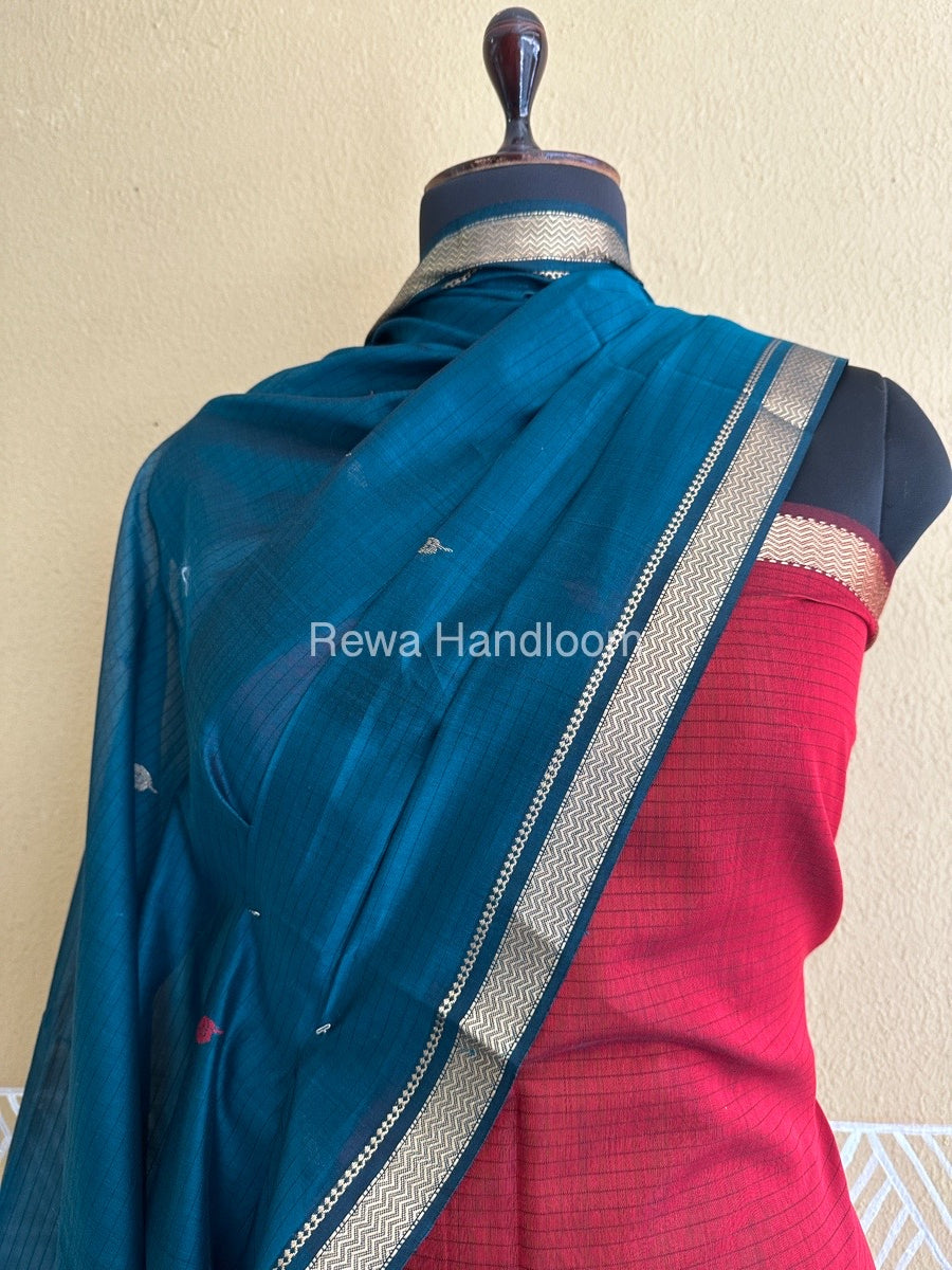 Maheshwari Red-Rama Green Peacock Buta-Buti Top-Dupatta Set BTP0236