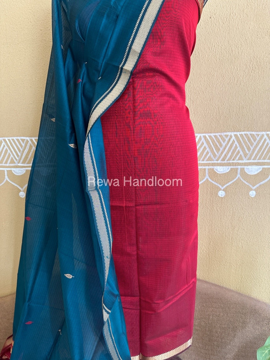Maheshwari Red-Rama Green Peacock Buta-Buti Top-Dupatta Set BTP0236