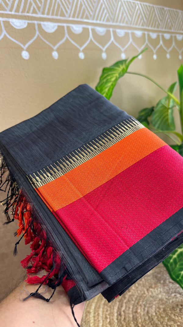 Maheshwari Grey Multicolor Border Saree