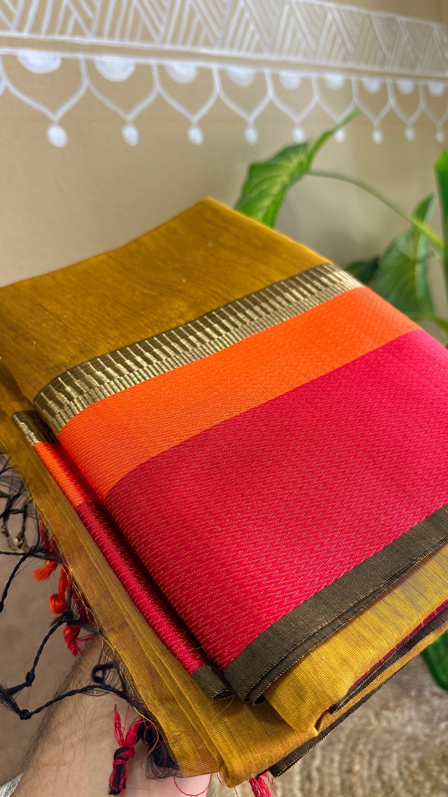 Maheshwari Mustard Yellow Multicolor Border Saree