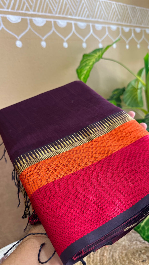 Maheshwari Wine Multicolor Border Saree