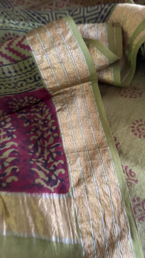 Maheshwari Tissue Green Red Bagh Print Suit
