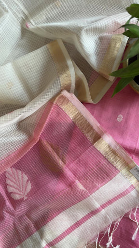 Maheshwari Pink - White Katan Motifs Top Dupatta Sets