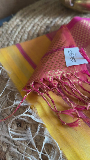 Yellow Pink Flower Motifs ~ Maheshwari Saree