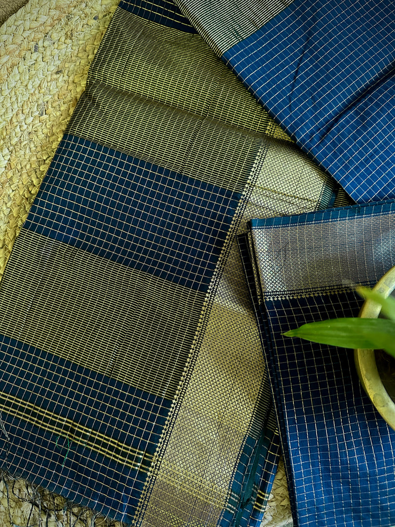 Maheshwari Royal Blue Zari Checkered Sarees