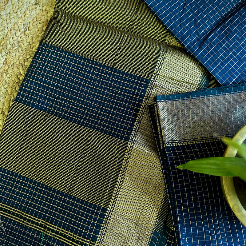 Maheshwari Royal Blue Zari Checkered Sarees