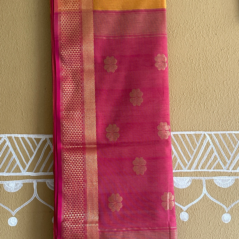 Yellow Pink Flower Motifs ~ Maheshwari Saree