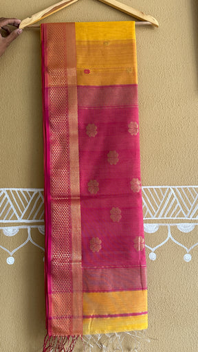 Yellow Pink Flower Motifs ~ Maheshwari Saree