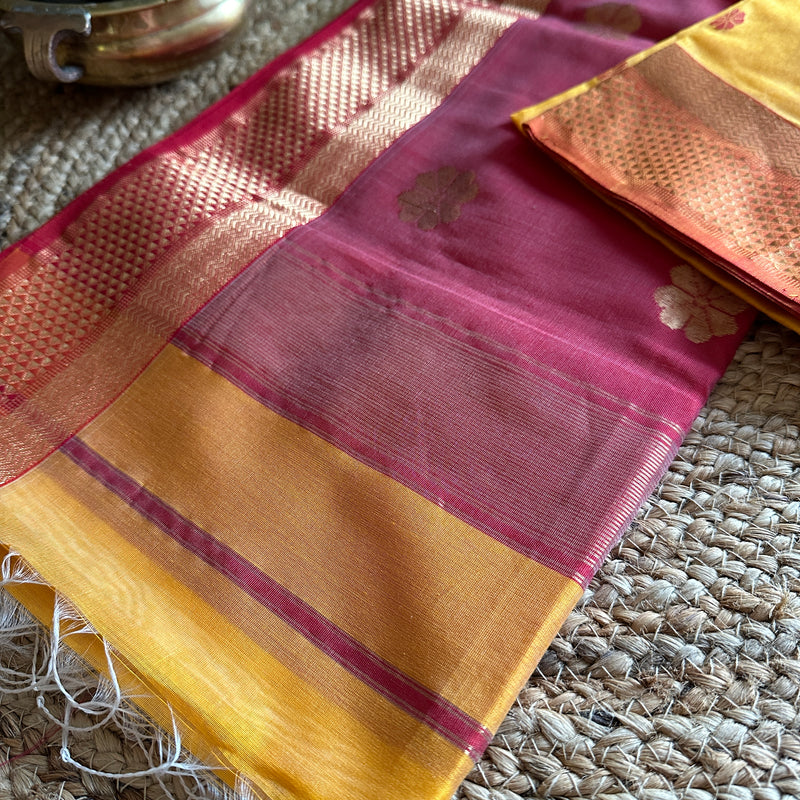 Yellow Red Flower Motifs ~ Maheshwari Saree