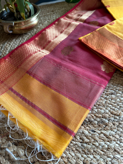 Yellow Red Flower Motifs ~ Maheshwari Saree