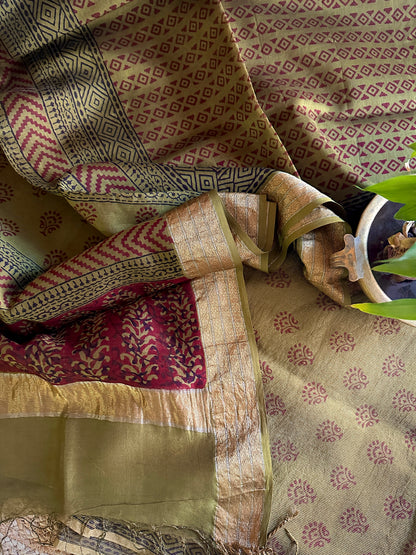 Maheshwari Tissue Green Red Bagh Print Suit