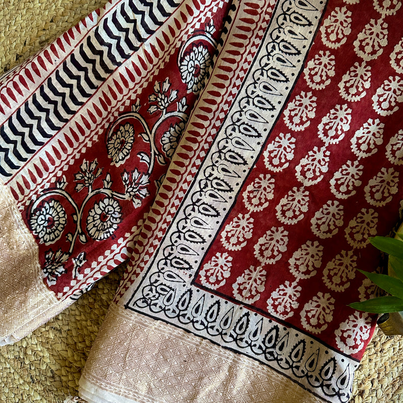 Maheshwari Red - White Bagh Print Saree