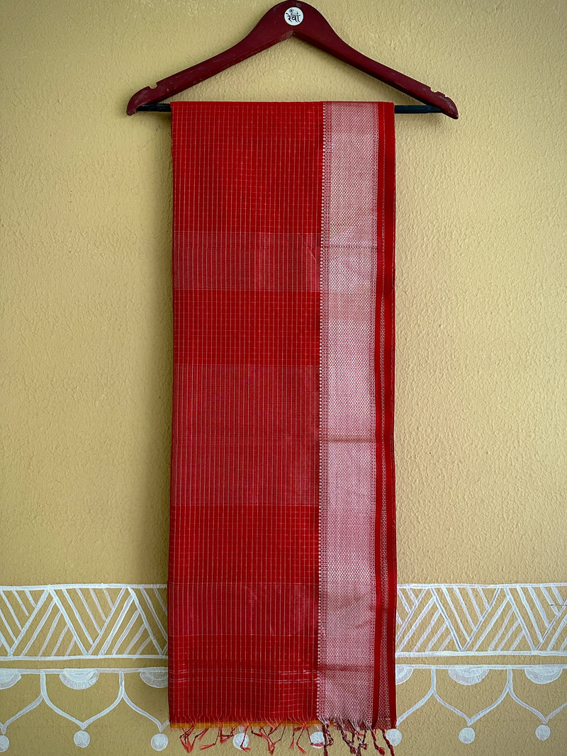 Maheshwari Red ~ Silver Zari Checkered Silk Saree