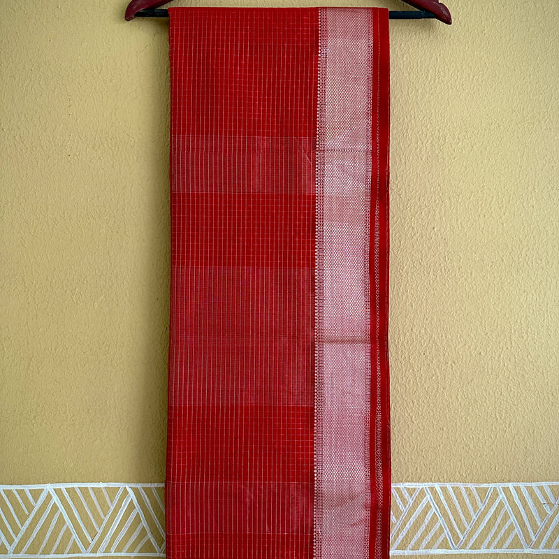 Maheshwari Red ~ Silver Zari Checkered Silk Saree