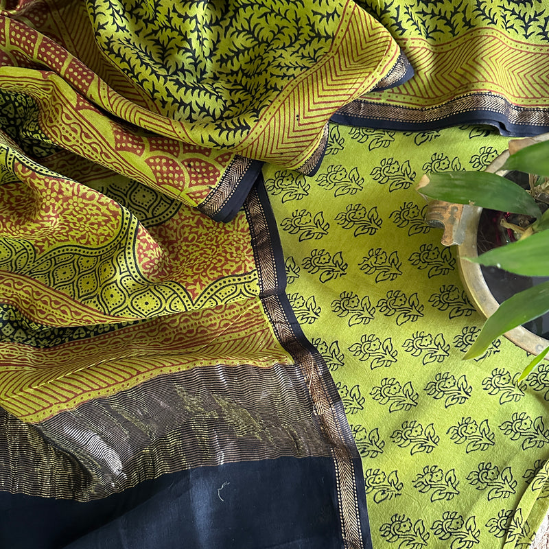Maheshwari Green Black Bagh Print Suit