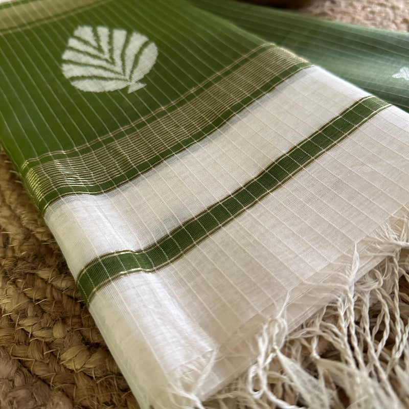 Maheshwari Olive Green - White Katan Motifs Top Dupatta Sets