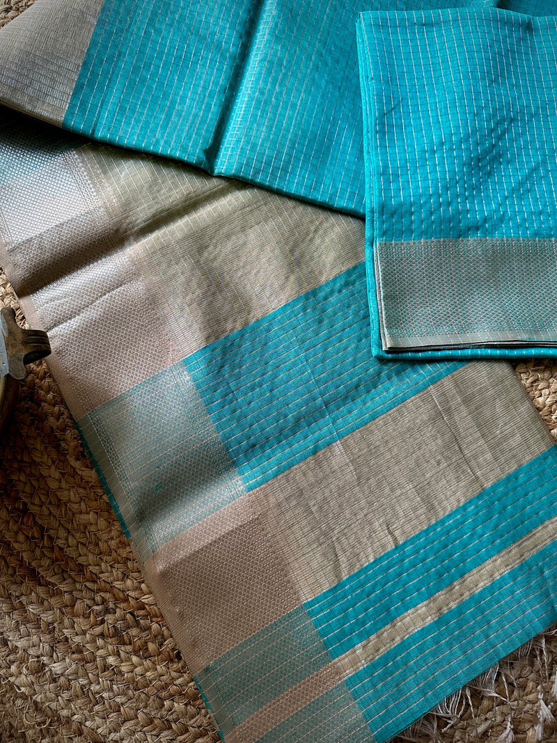 Maheshwari Teal Blue ~ Silver Zari Checkered Silk Saree